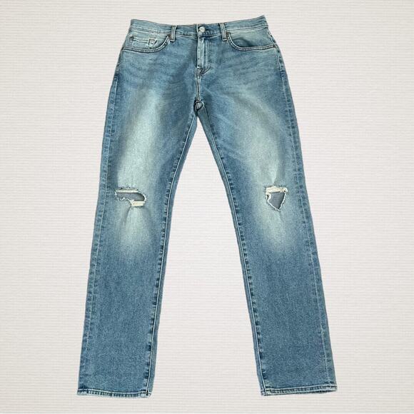 7 For All Mankind Low Straight Leg Distressed Jeans in Rose Avenue Light Wash 29 - Picture 1 of 11
